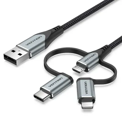 VENTION USB 2.0 A Male to 3-in-1 Micro-B&USB-C&Lightning Male Cable 1M Gray Aluminum Alloy TypeModel # CQJHF