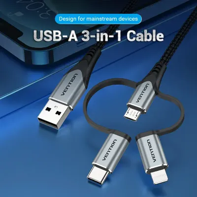 VENTION USB 2.0 A Male to 3-in-1 Micro-B&USB-C&Lightning Male Cable 1M Gray Aluminum Alloy TypeModel # CQJHF