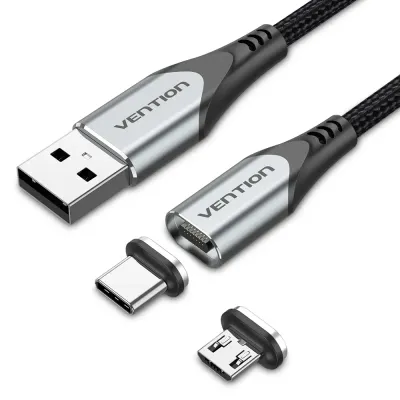 VENTION USB 2.0 A Male to 2-in-1 Micro-B&USB-C Male Magnetic Cable 1M Gray Aluminum Alloy TypeModel # CQMHF