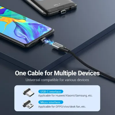 VENTION USB 2.0 A Male to 2-in-1 Micro-B&USB-C Male Magnetic Cable 1M Gray Aluminum Alloy TypeModel # CQMHF