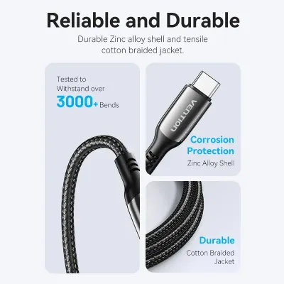 VENTION Cotton Braided USB 2.0 C Male to C Male 5A Cable 1.2M Black Zinc Alloy TypeModel # CTKBAV