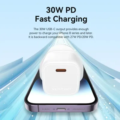 VENTION 1-port USB-C GaN Charger(30W) UK-Plug WhiteModel # FAKW0-UK