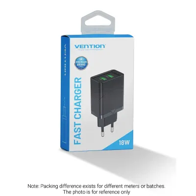 VENTION Two-Port  USB(A+A) Wall Charger (18W/18W) EU-Plug BlackModel # FBAB0-EU