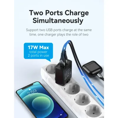 VENTION Two-Port  USB(A+A) Wall Charger (18W/18W) EU-Plug BlackModel # FBAB0-EU