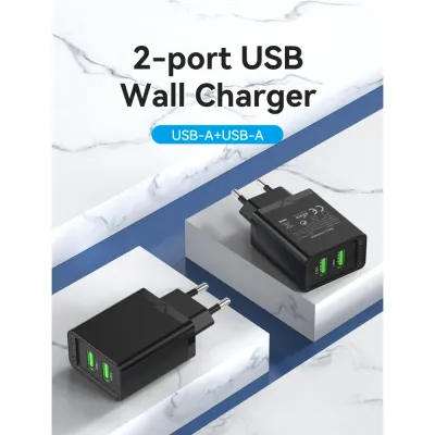 VENTION Two-Port  USB(A+A) Wall Charger (18W/18W) EU-Plug BlackModel # FBAB0-EU