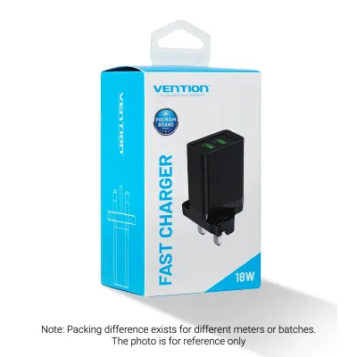 VENTION Two-Port  USB(A+A) Wall Charger (18W/18W) UK-Plug BlackModel # FBAB0-UK