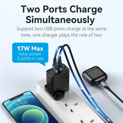 VENTION Two-Port  USB(A+A) Wall Charger (18W/18W) UK-Plug BlackModel # FBAB0-UK