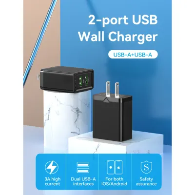 VENTION Two-Port  USB(A+A) Wall Charger (18W/18W) US-Plug BlackModel # FBAB0-US