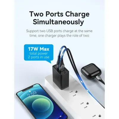 VENTION Two-Port  USB(A+A) Wall Charger (18W/18W) US-Plug BlackModel # FBAB0-US