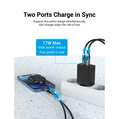 VENTION Two-Port  USB(A+C) Wall Charger (18W/20W) EU-Plug BlackModel # FBBB0-EU