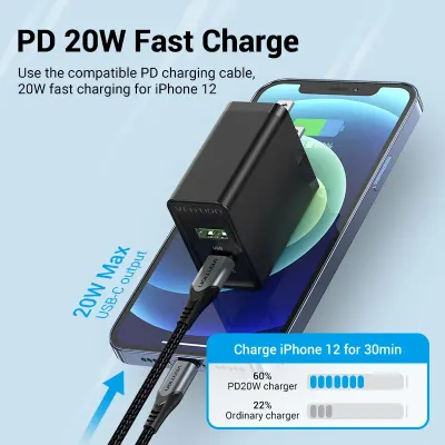 VENTION Two-Port  USB(A+C) Wall Charger (18W/20W) US-Plug BlackModel # FBBB0-US