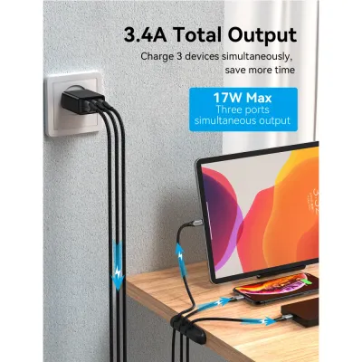 VENTION 3-port USB(A+A+A) Wall Charger(12W/12W/12W) EU-Plug BlackModel # FEAB0-EU