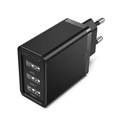 VENTION 3-port USB(A+A+A) Wall Charger(12W/12W/12W) EU-Plug BlackModel # FEAB0-EU