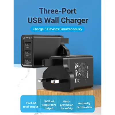 VENTION 3-port USB(A+A+A) Wall Charger(12W/12W/12W) UK-Plug BlackModel # FEAB0-UK