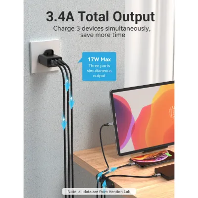 VENTION 3-port USB(A+A+A) Wall Charger(12W/12W/12W) UK-Plug BlackModel # FEAB0-UK