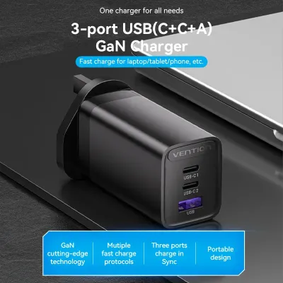 VENTION 3-port USB(C+C+A) GaN Charger(65W/30W/30W) UK-Plug BlackModel # FEDB0-UK