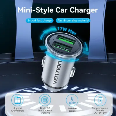 VENTION Two-Port USB A+A(18/18) Car Charger Gray Mini Style Aluminium Alloy TypeModel # FFAH0