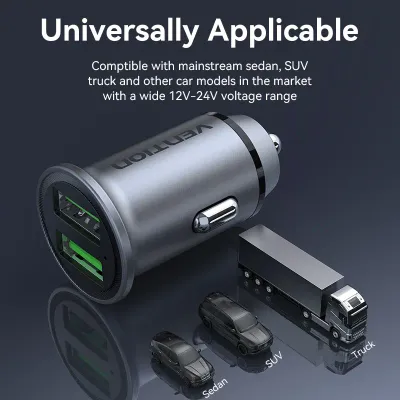 VENTION Two-Port USB A+A(18/18) Car Charger Gray Mini Style Aluminium Alloy TypeModel # FFAH0