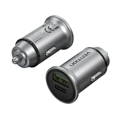 VENTION Two-Port USB A+C(18/20) Car Charger Gray Mini Style Aluminium Alloy TypeModel # FFBH0