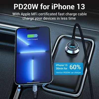 VENTION Two-Port USB A+C(18/20) Car Charger Gray Mini Style Aluminium Alloy TypeModel # FFBH0