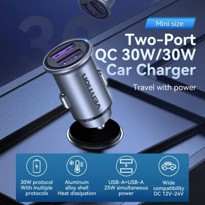 VENTION Two-Port USB A+A(30/30) Car Charger Gray Mini Style Aluminium Alloy TypeModel # FFEH0