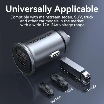 VENTION Two-Port USB A+C(30+30) Car Charger Gray Mini Style Aluminium Alloy TypeModel # FFFH0