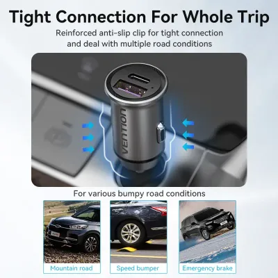 VENTION Two-Port USB A+C(30+30) Car Charger Gray Mini Style Aluminium Alloy TypeModel # FFFH0