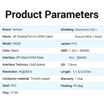 VENTION 4K DisplayPort to HDMI Cable 1M BlackModel # HAGBF