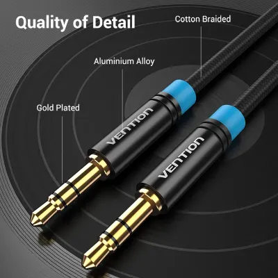 VENTION Cotton Braided 3.5mm Male to Male Audio Cable 0.5M Black Metal TypeModel # P350AC050-B-M