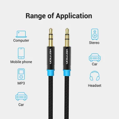 VENTION Cotton Braided 3.5mm Male to Male Audio Cable 1.5M Black Metal TypeModel # P350AC150-B-M