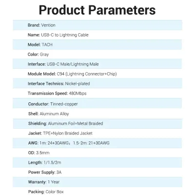 VENTION USB 2.0 C to Lightning Cable 1M Gray Aluminum Alloy TypeModel # TACHF
