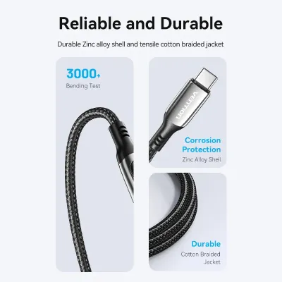 VENTION Cotton Braided USB 2.0 C Male to C Male 5A Cable With LED Display 1.2M Black Zinc Alloy TypeModel # TAYBAV