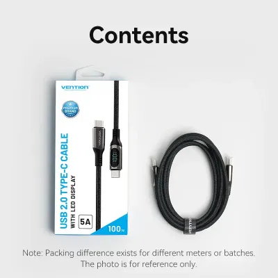 VENTION Cotton Braided USB 2.0 C Male to C Male 5A Cable With LED Display 1.2M Black Zinc Alloy TypeModel # TAYBAV