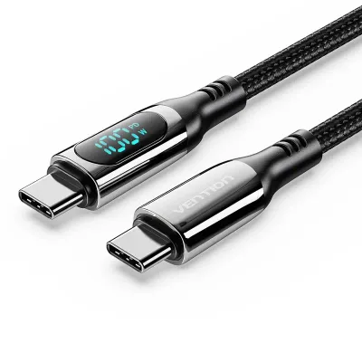 VENTION Cotton Braided USB 2.0 C Male to C Male 5A Cable With LED Display 1.2M Black Zinc Alloy TypeModel # TAYBAV