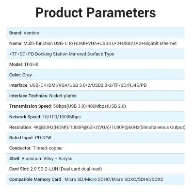 VENTION Multi-function USB-C to HDMI/ VGA/USB3.0*2/USB2.0*2/RJ45/TF/SD/PD Docking Station 0.15M Gray Mirrored Surface TypeModel # TFGHB