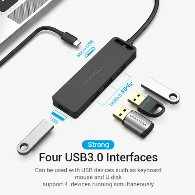 VENTION Type-C to 4-Port USB 3.0 Hub with Power Supply Black 0.15M ABS TypeModel # TGKBB