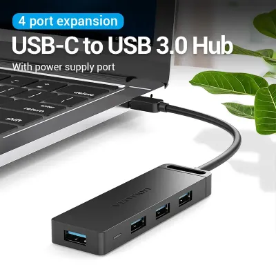 VENTION Type-C to 4-Port USB 3.0 Hub with Power Supply Black 0.15M ABS TypeModel # TGKBB