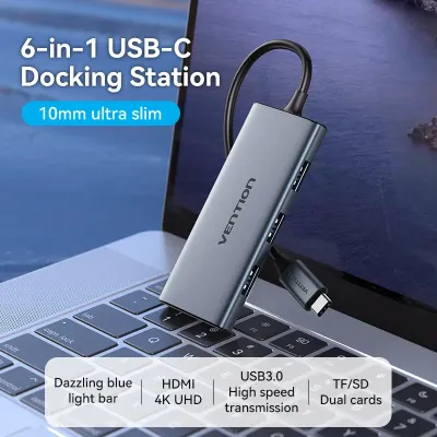 VENTION USB-C to HDMI/USB 3.0x3/SD/TF Docking Station Aluminum Alloy Type 0.15M GrayModel # TOOHB