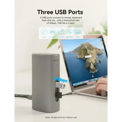 VENTION USB-C to HDMI/VGA/USB 3.1 Gen 2/USB 3.1 Gen 2-C/USB 3.0x2/RJ45/SD/TF/TRRS 3.5mm/PD/DC Docking Station Gray Vertical Aluminum Alloy Type UK StandardModel # TPJH0-UK