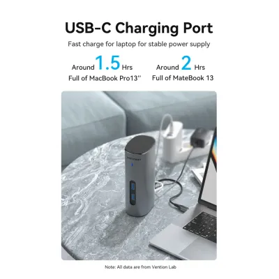 VENTION USB-C to HDMI/VGA/USB 3.1 Gen 2/USB 3.1 Gen 2-C/USB 3.0x2/RJ45/SD/TF/TRRS 3.5mm/PD/DC Docking Station Gray Vertical Aluminum Alloy Type UK StandardModel # TPJH0-UK