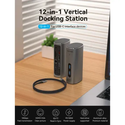 VENTION USB-C to HDMI/VGA/USB 3.1 Gen 2/USB 3.1 Gen 2-C/USB 3.0x2/RJ45/SD/TF/TRRS 3.5mm/PD/DC Docking Station Gray Vertical Aluminum Alloy Type UK StandardModel # TPJH0-UK