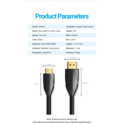 VENTION Mini HDMI Cable 1M BlackModel # VAA-D02-B100