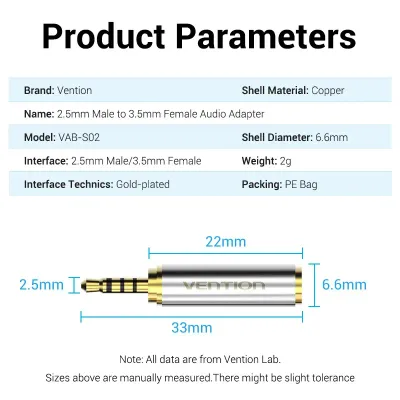 VENTION 3.5mm Female to 2.5mm Male Adapter GoldModel # VAB-S02