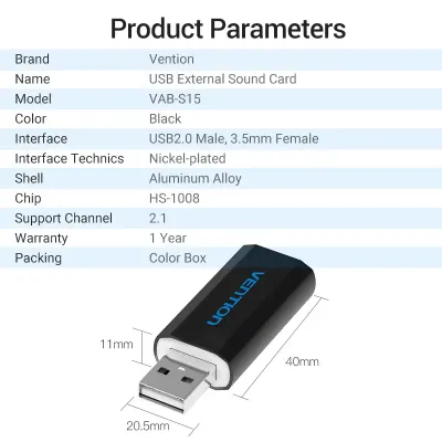 VENTION USB External Sound Card Black Metal Type (CTIA)Model # VAB-S15-B