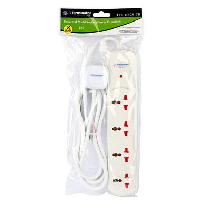 Terminator 4 Way Universal Power Extension Socket With Indicator 1.00mm2 Wire Off White Body 2M Cable 13A Plug