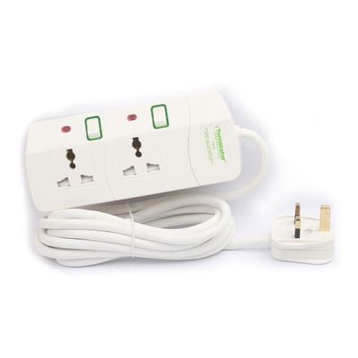 Terminator Terminator 2 way Universal Power Extension Socket, 3M 3X1.25MM2, White color body & cable with individual switch 13a Fused plug.