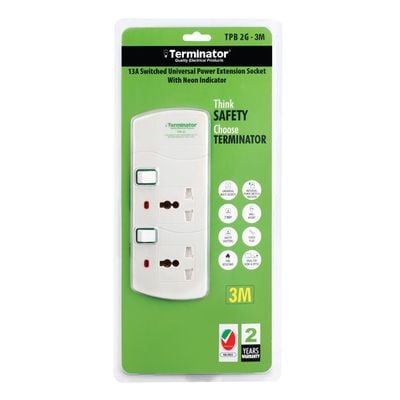 Terminator Terminator 2 way Universal Power Extension Socket, 3M 3X1.25MM2, White color body & cable with individual switch 13a Fused plug.