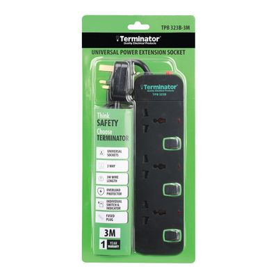 Terminator 3 Way Universal Power Extension Socket With Overload Protection, Green Border Switches, Indicators and 3M Cable