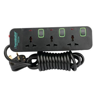 Terminator 3 Way Universal Power Extension Socket With Overload Protection, Green Border Switches, Indicators and 3M Cable