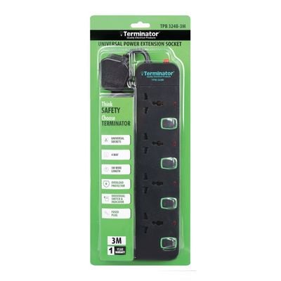 Terminator 4 Way Universal Power Extension Socket With Overload Protection, Green Border Switches, Indicators and 3M Cable